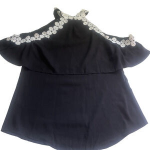 Womans black cold shoulder blouse top white applique trim